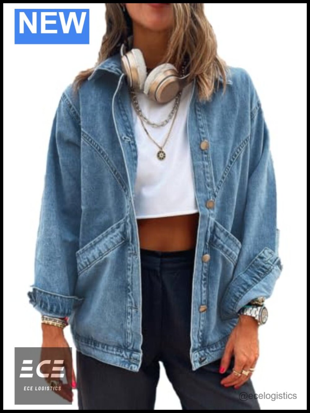 Oversized Button Up Denim Jacket Shacket Long Sleeve Pockets